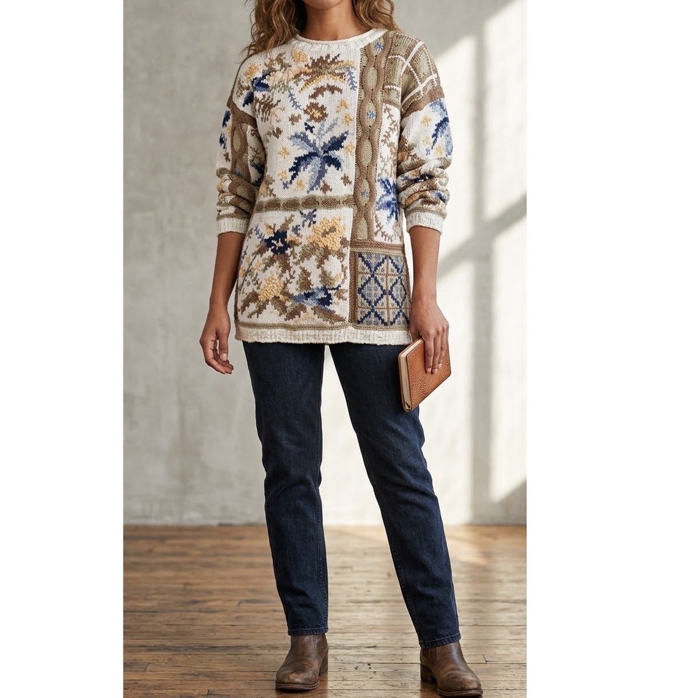 Vintage Casual Corner Knit Sweater Floral Embroidery L Cottagecore Boho